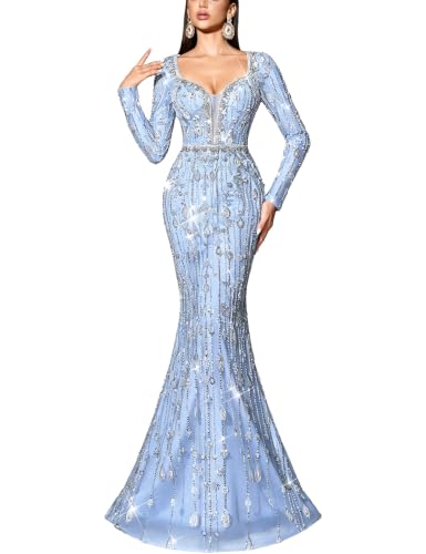 VOUIAO Women Sequin Beaded Mermaid Prom Dress Evening Gown Light Blue L