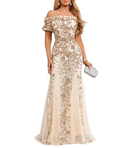 dasmzper Women's Off Shoulder Sequin Formal Evening Gown with Mesh Hem | Cocktail Party Maxi Dress, Elegant Bodycon Gown, Ruffle Short Sleeve, Curve Flattering Fit for Wedding Guest,Prom,Gala
