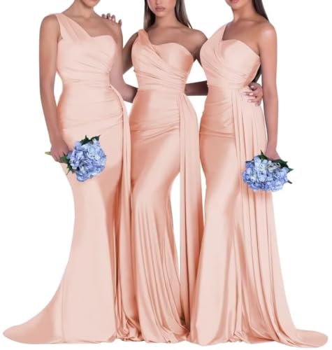 One Shoulder Bridesmaid Dresses for Women Satin Mermaid Formal Evening Dress Long Prom Dress for Women Peach