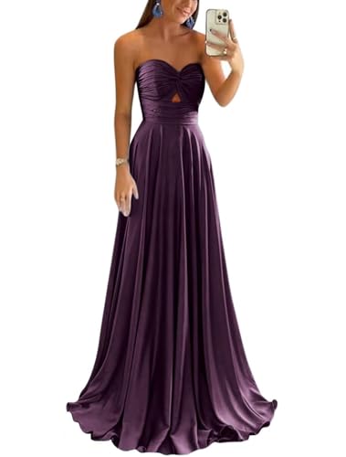 Corset Pleated A-Line Prom Dresses with Pockets Sweetheart Keyhole Long Satin Modern Bridesmaid Dress Plum 12