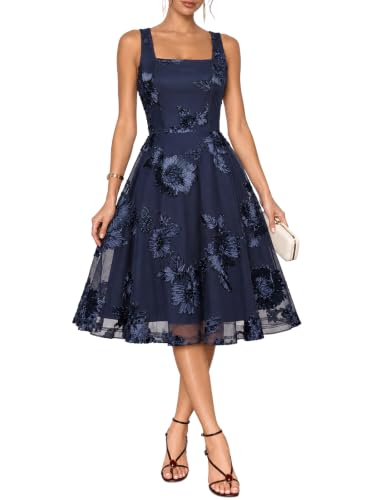 Younrui Women's Cocktail Wedding Guest Jacquard Mesh Midi A-line Dress_84-NV-L Navy Blue