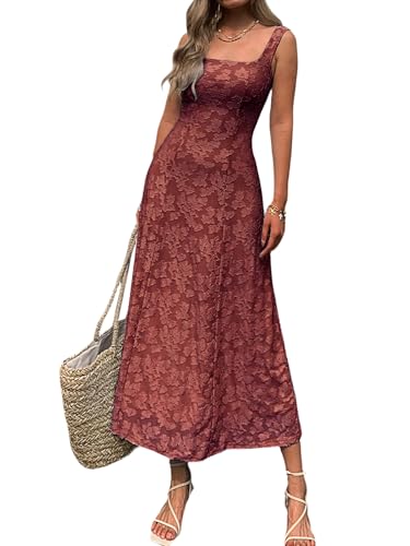 Mieazom Women’s Floral Maxi Dress Square Neck Sleeveless A Line Summer Dress Elegant Fitted Bodice Flowy Long Sundress Wine Red M