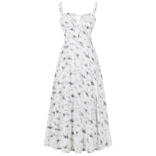IBTOM CASTLE Corset Sundress for Women: Flowy Dresses for Ladies Teen Sexy Midi Boho Flowy Slit Lace Up Dresses Spaghetti Straps Out A Line Cocktail Party Summer Holiday Sundress Green + White M