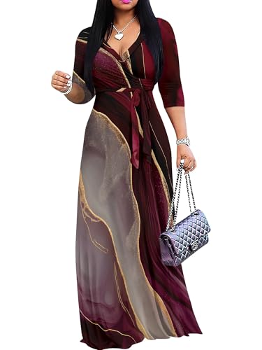 Plus Size Maxi Dresses for Women,Red Formal Dress | 3/4 Sleeve Long Dress Curvy Elegant Marble Print Modest Church Casual Party Gowns