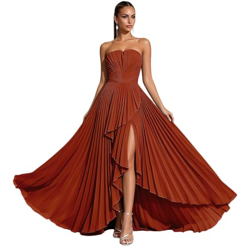 Thliopghts A Line Pleated Wedding Guest Dress Chiffon Bridesmaid Gown Strapless Long Formal Evening Dress Rust