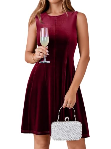 Simplee Womens Velvet Mini Dress Sleeveless Crew Neck A Line Cocktail Party Dress Fall Winter (Burgundy S)