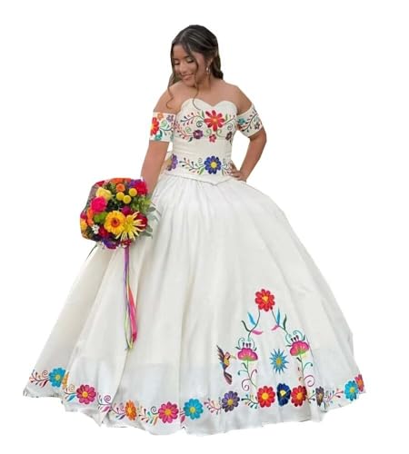 Mollybridal Off the Shoulder Charo Wedding Prom Queen Quinceanera Dresses for Women Adult White with Sleeves Flower Embroidered Ruched Country Boho Mexican DAMA Designer Long 18