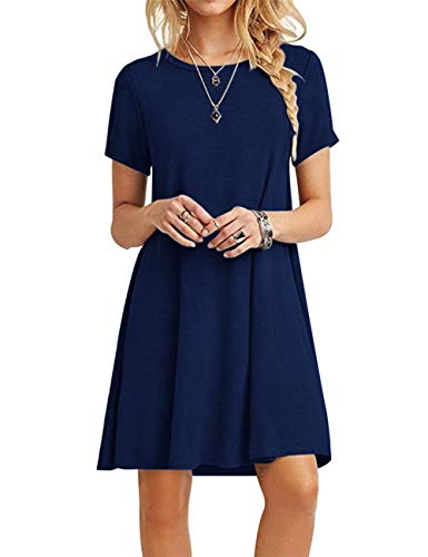 MOLERANI Women's Casual Plain Simple T-Shirt Loose Dress,Navy Blue,M