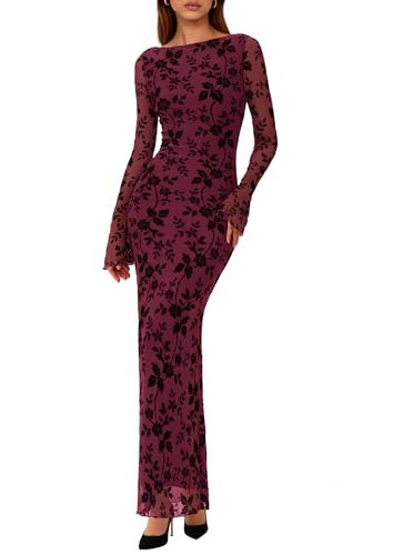 PRETTYGARDEN Women's Floral Bodycon Maxi Dress Wedding Guest Dresses | Slim Fitted, Boat Neck, Long Sleeve, Sheer Mesh Fabric, Elegant & Formal Wear, Holiday Party, Cocktail Dresses, Fall Outfits