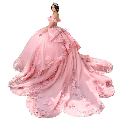 Mauuwy Sparkly Pink Quinceanera Dress Ball Gown Lace Applique Beading