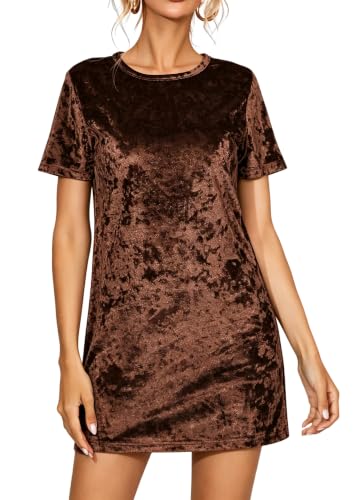 R.Vivimos Women's Crushed Velvet Short Sleeve Mini Dress, Brown, Small