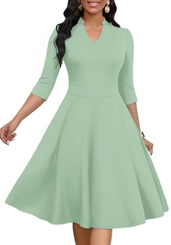MarryUP V Neck 3/4 Sleeve Midi Causal Cocktail Party Dresses with Pockets