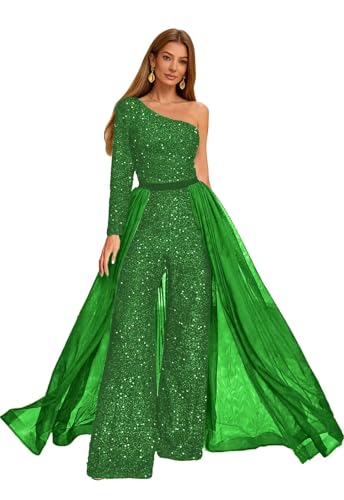 Guramisi Sparkly Sequin Jumpsuits Prom Dresses for Women One Shoulder Long Sleeves Pantsuit Formal Evening Party Gowns Green