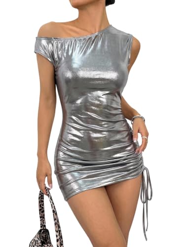 Milumia Women's Off Shoulder Pu Leather Mini Dress Party Club Short Dresses | Sexy Drawstring, Going Out, Ruched Bodycon, Asymmetrical Neck, Sleeveless, Night Out Outfit, Silver, Medium
