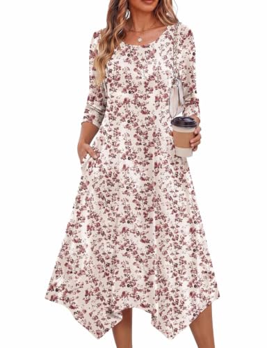 Zeagoo Plus Size Womens Dresses 2026 Boho Dresses 3/4 Sleeve Midi Sundress for Casual Aline Beach Dress Floral Apricot L