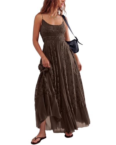 Gacaky Summer Dress for Women Casual Lace Floral Embroidered Bohemian Maxi Dress Flowy A Line Beach Long Dresses Coffee Medium