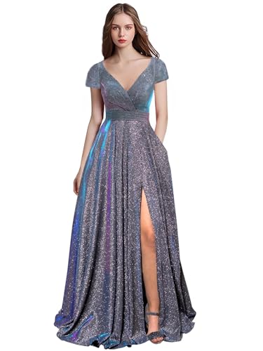 GRAB A DRESS Iridescent Long Prom Dresses with Sleeves Metallic 2026 V-Neck Formal Ball Gowns A-Line Evening Party Gown