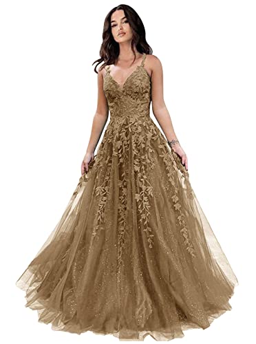 Chicbridal Glitter Tulle Prom Dresses Women Lace Appliques Long Ball Gwons with Spaghetti Straps A-Line Evening Dresses 2023 Brown US16