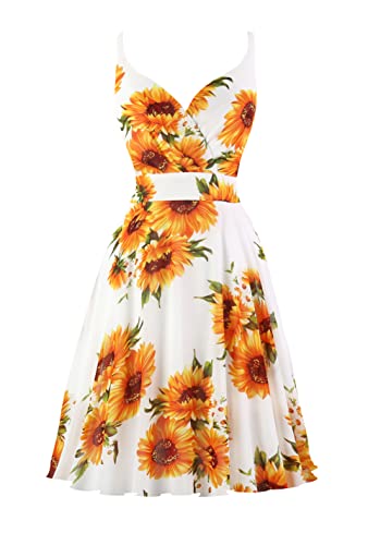 Dressever V-Neck Cocktail Dress Chiffon Sundress White Sunflower M