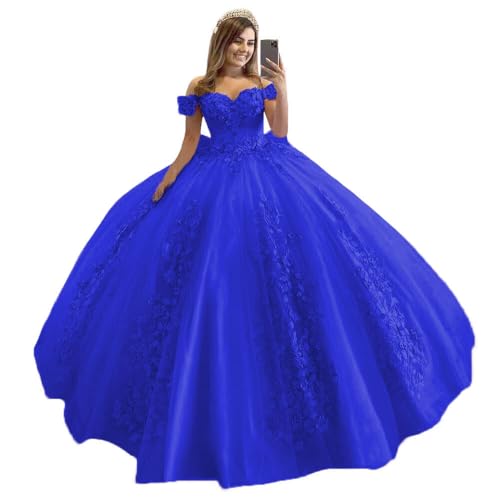 XYAYE Puffy Off Shoulder Lace Quinceanera Dresses 2026 Royal Blue Size 10 | Pincess Beading Sweet 16 Dresses for Teens, off Shoulder Long Ball Gown, Sweetheart Vestidos de 15 años