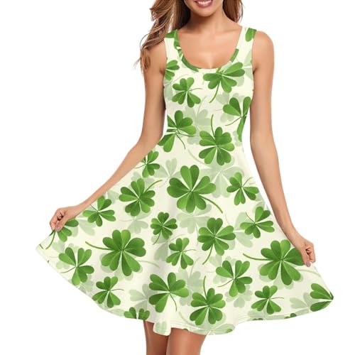 Clruersn Four Leaf Clover Women Sleeveless Wedding Dresses Crew Neck Plus Size A Line Cocktail Party Tank Top Dress for Spring and Summer