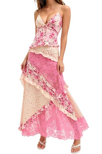 Nxtwill Women's Floral Lace Maxi Dress Spaghetti Straps Backless Ruffle