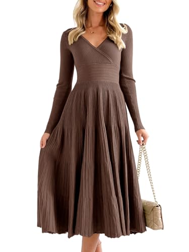 Saodimallsu Womens Long Sleeve Midi Sweater Dress V Neck Pleated Maxi Dress