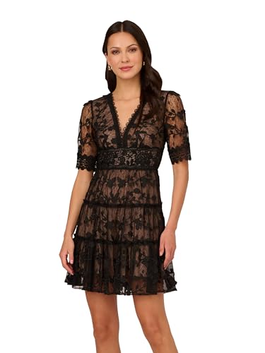 Adrianna Papell Women's Lace Embroidery Dress Black/Nude 6