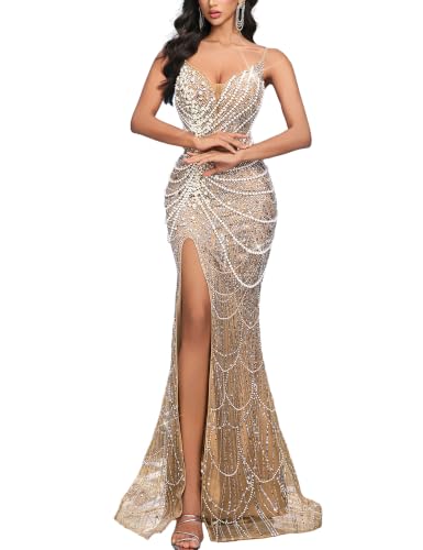 VOUIAO Women Thin Strap Mermaid Dress Wedding Evening Gown champagne L | Spaghetti Strap V Neck Rhinestone Mermaid Evening Gown High Slit Sequined Pageant Prom Wedding Guest Maxi Formal Dress