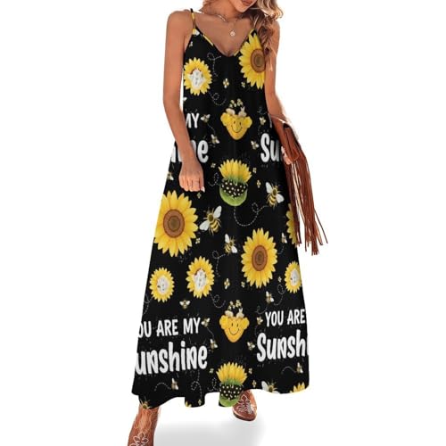 Casual Maxi Dress You are My Sunshine Bees Sunflowers Print, Women's V Neck Spaghetti Strap Ankle Length Flowy Dress for Weekend Trip