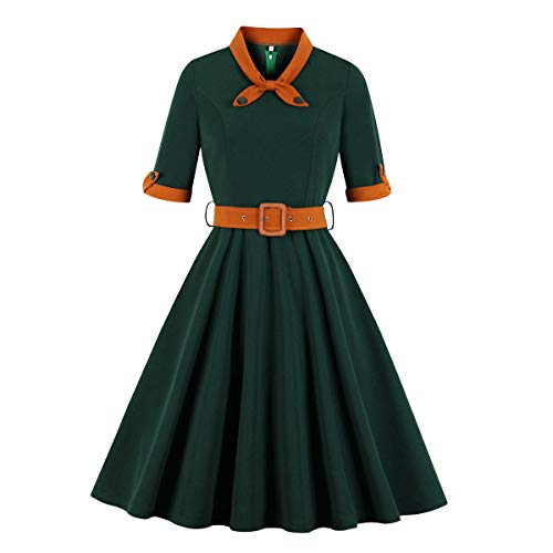 Women Sailor Tie Neck 1950s Vintage Rockabilly Cocktail Swing Dress Green L