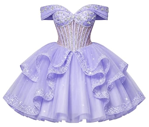 Mauuwy Tulle Homecoming Dresses Short Formal Prom Lavender Ball Gown