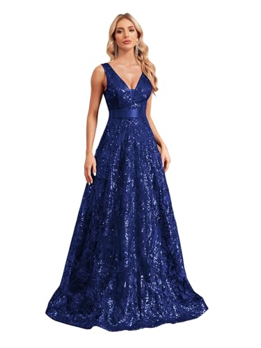Sleeveless Glitter Sequined Womens Long Formal Gown Aline Prom Dress for Anchorwoman Floor Length Evening Dress Royal Blue M