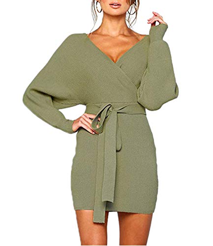 Mansy Women's Sexy Cocktail Batwing Long Sleeve Backless Mock Wrap Knit Sweater Mini Dress Green