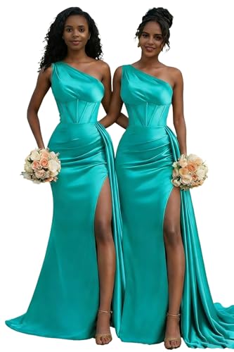 One Shoulder Aqua Bridesmaid Dresses Mermaid Satin Long Ruched Bodycon Formal Evening Dress for Women