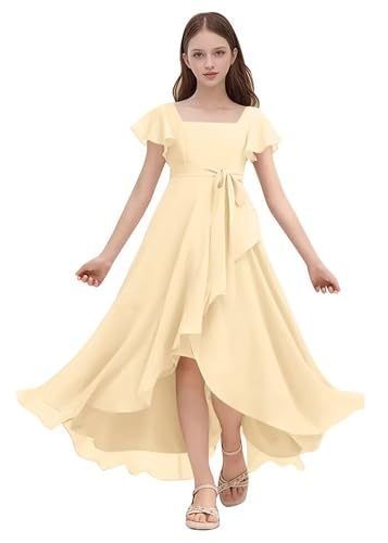 Flutter Sleeves Junior Bridesmaid Dress 2026 Chiffon Flower Girl Dresses for Wedding Party Girls Pleated A Line Square Neck Holiday Party Dress for Teens Semi Formal Evening Gowns Champagne 16