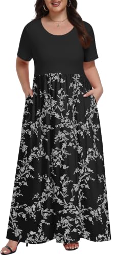 Lastshe Womens Plus Size Dresses Comfy Short Sleeve Black White Flower 4X | Summer A-Line Maxi Flowy Soft Drapey Fabric for Daily,Travel,Beach,Cruise Vacation,Gifts,Mom,Friend,Maternity,Girls,Teacher