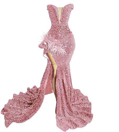 Ikerenwedding V Neck Strapless Sequin Prom Dress High Slit Mermaid Gown