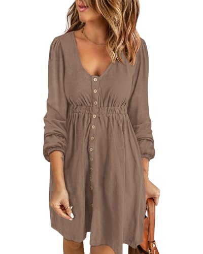 BTFBM Casual Fall Dresses for Women 2025 Long Sleeve Button Down Crew Neck Empire Waist A Line Mini Short HOCO Dress(Dark Khaki, Small)