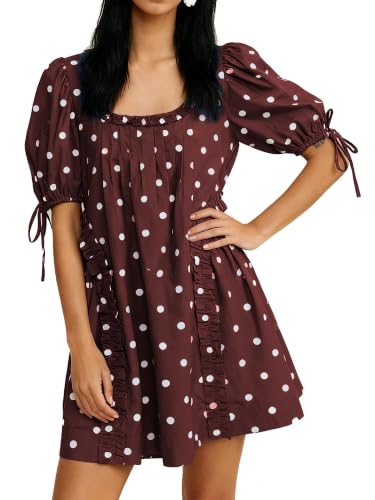 YINNAGOO Womens Summer Cute Polka Dot Loose Fit Short Sleeve Babydoll Mini Dresses (Dark Brown, S)