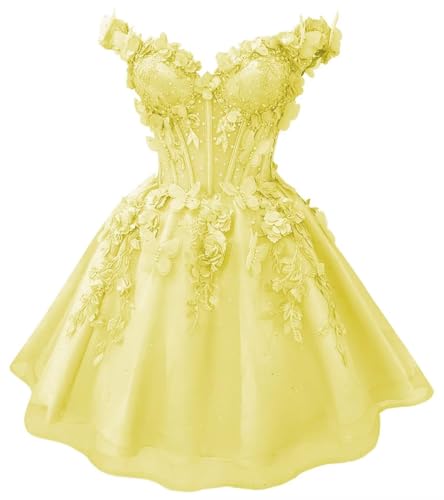 Short Prom Homecoming Dresses for Teens Glitter Tulle Lace 3D Butterfly Corset Off Shoulder Puffy DAMA Cocktail Party Gowns Yellow US6
