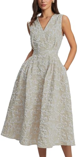 Ladyful Womens Sleeveless Floral Jacquard Midi Dress Elegant V-Neck A Line Dress Flare Cocktail Dresses with Pockets Khaki