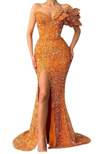 Off Shoulder Prom Dresses for Women Long Sequin Sparkly Mermaid High Slit Evening Dresses for Women Formal Party Gown Orange 8M