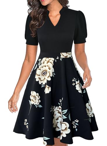 Mokayee Dresses that Hide Belly Fat Womens Summer Black Floral Short Puff Sleeve Casual Semi-Formal Color Block Flower Fit and Flare Church Work Wedding Guest Dress with Pockets S