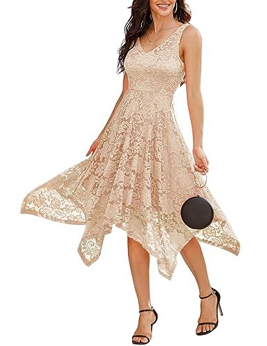 Meetjen Formal Dresses for Women Lace Wedding Guest Dress, Champagne, L