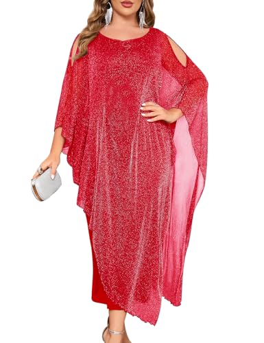 ZOMVA Plus Size Elegant Formal Dress Long Cape Overlay Wedding Guest Formal Cocktail Mother of Bride Outfit, Sparkly Red, 3X