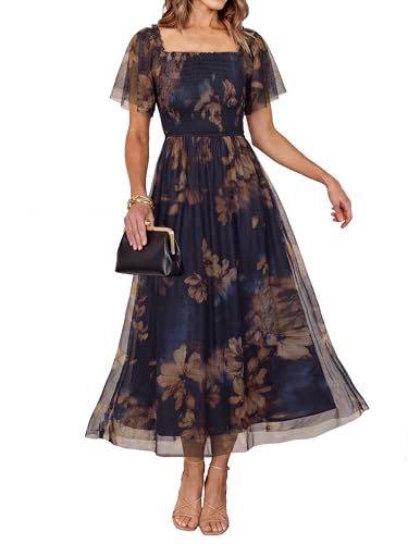 Simplee Womens Floral Maxi Dresses 2026 Summer Boho Wedding Guest Dress | Short Sleeve, Flowy, Smocked, Mesh, Square Neck, Tea Party, Casual, Modest, Bride, Floral Navy Brown XXL