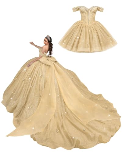 Mouccy Puffy Champagne Quinceanera Dress Beaded Sweet 16 Dress Size 8