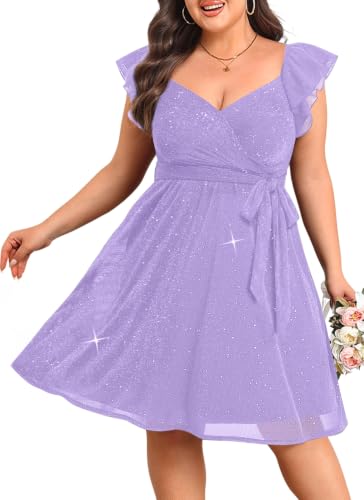 Plus Size Lavender Sparkly Cocktail Dress V Neck Ruffle Sleeve Party