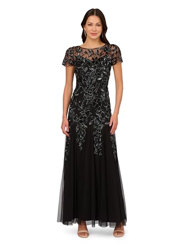 Adrianna Papell Women's Bead Long Dress with Godets, Light Navy, 10 | Sheer Short Sleeves & Illusion Neckline, Intricate Floral Beading, Mermaid Skirt, No Waist Seam, Embellished Evening Gown